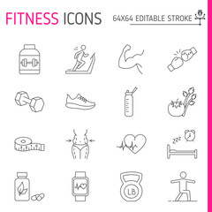 Fitness line icon set, sport vector collection, logo illustrations, fitness vector icons, outline style pictogram pack, editable stroke icons.