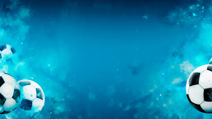 Wallpaper with soccer balls, blue background with copy space. Sports template. Banner for birthday cards, invitations, football-themed advertisements. 