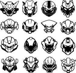 16 alien robot heads icons in black over white