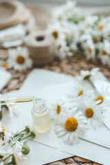 Composition with chamomile flowers and cosmetic bottle of essential oil on white background