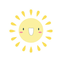 Illustration of a smiling sun character with rays. Sweet face, expression of joy