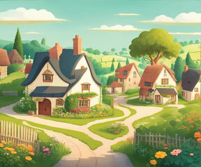 Obraz na płótnie Canvas charming and picturesque vector illustration of a peaceful countryside village, complete with cozy houses, winding pathways, and lush greenery