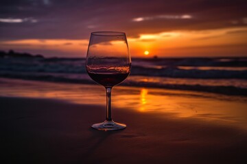 glass of red wine sitting on the beach at sunset. Generative AI