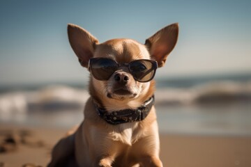 A chihuahua dog wearing sunglasses sits on a beach. Generative AI