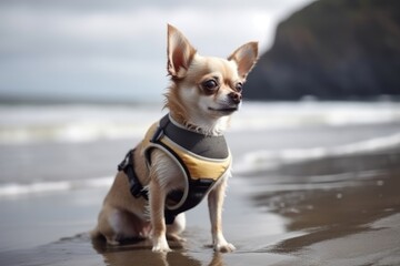 A dog in a harness sits on the beach. Generative AI