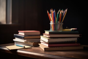 Stack of books and pencils at school desk. Generative AI