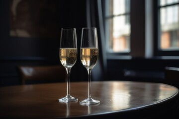 Two champagne glasses sitting on a table. Generative AI
