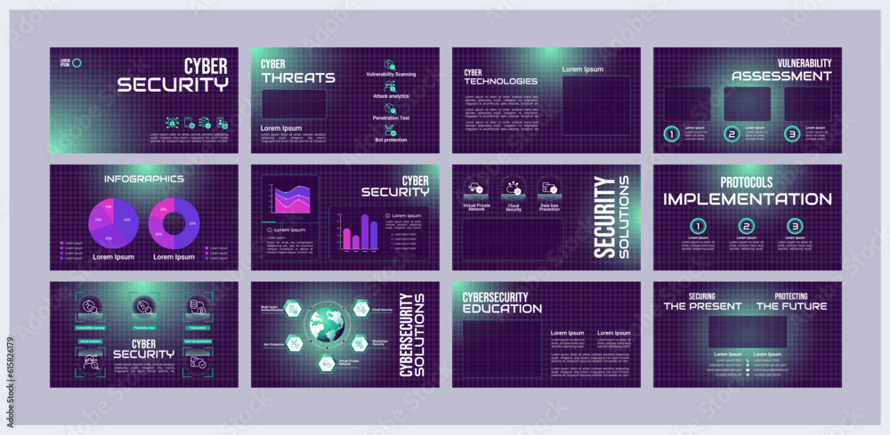 Wall mural cyber security presentation templates set. cybersecurity training. risk management. ready made ppt s