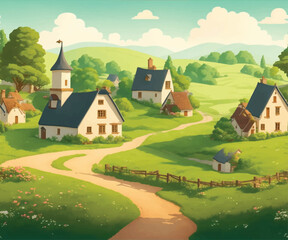 Obraz na płótnie Canvas charming and picturesque vector illustration of a peaceful countryside village, complete with cozy houses, winding pathways, and lush greenery