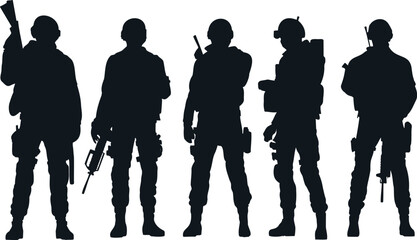 Set of Soldier Silhouettes on white background, Army soldiers with sniper rifle on duty vector silhouette, Jawan black silhouettes collection 