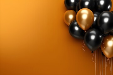 Shiny Black and Golden Balloons on Yellow background with copy space for text, Balloons backdrop for banner cover