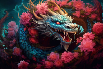 Chinese dragon with flowers. fantasy illustration. ai generative