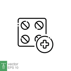 Pill icon. Simple outline style. Tablet, round pill, medical pharmacy, medicine with cross sign, health concept. Thin line symbol. Vector illustration isolated on white background. EPS 10.