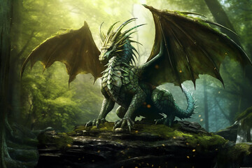 A forest dragon with wings sits on a stone in green forests.ai generative