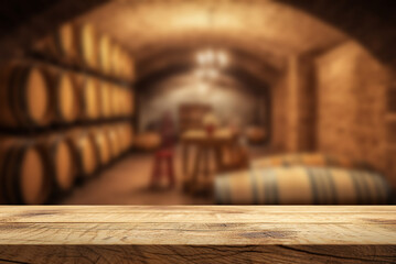 Empty wooden table. Blurred wine cellar in the background.