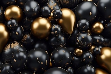 Bunch of golden and black balloons tied together for wedding anniversary celebration concept background, generative ai, shiny glossy 3d balloons background for celebration	