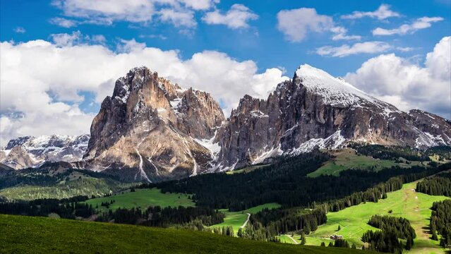 Timelapse video of clouds moving over the typical jagged mountain peaks of the Dolomites. Seiser Alm (Alpe di Siusi) in Northern Italy.