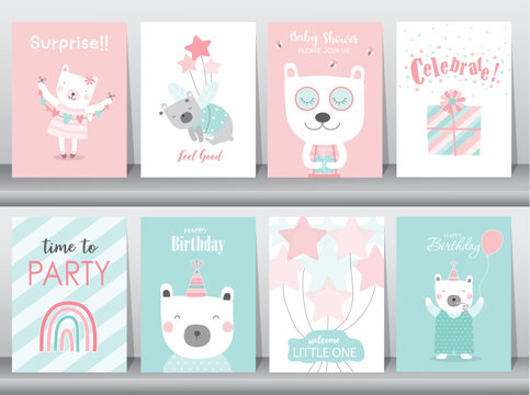 Set of birthday cards,poster,invitation,template,greeting cards,animals,bear,cute,Vector illustrations.
