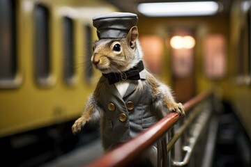 Naklejka na ściany i meble squirrel as a train conductor, fantasy illustration, generated with ai