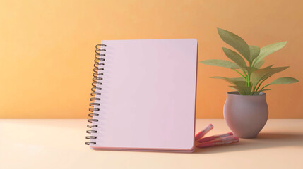 
Plain sketchbook mockup on desk with decorative plant and writing pencils. Notebook template with plain sheets with rings. Pastel colours. Generative ai.