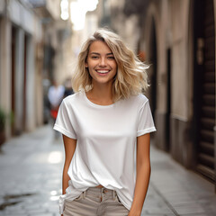 Woman wearing plain white t-shirt on street. Mockup for t-shirt print