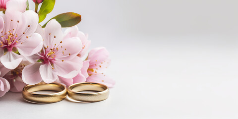 pink flowers and two golden wedding rings on white background