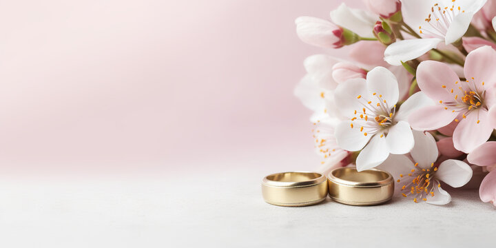 white flowers and two golden wedding rings on white background