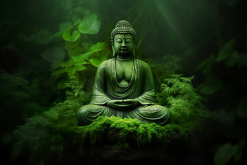 buddha statue in green zen environment	 - obrazy, fototapety, plakaty