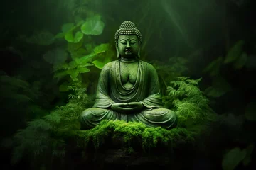 Zelfklevend Fotobehang buddha statue in green zen environment  © Ployker