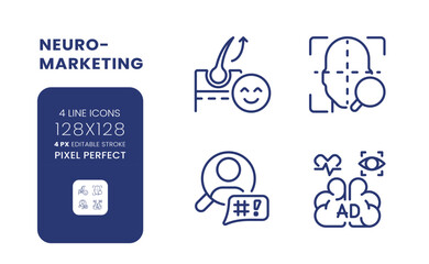 Neuromarketing linear desktop icons set. Marketing research. Customers preferences. Pixel perfect 128x128, outline 4px. Isolated user interface elements pack for website. Editable stroke