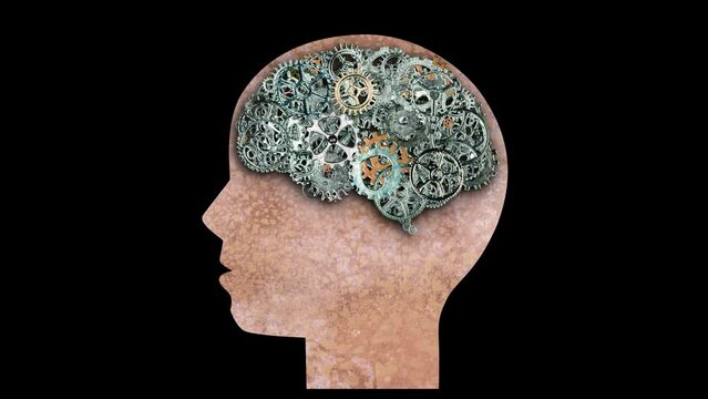 Brain cogs gears alpha. Thinking. Intelligent man mechanism rust.
Vintage gears cog wheels rotating inside of a human head. Thinking, intelligence and ideas.