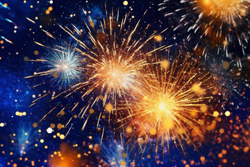 Fototapeta premium Abstract holiday colorful fireworks in night sky background. AI generative