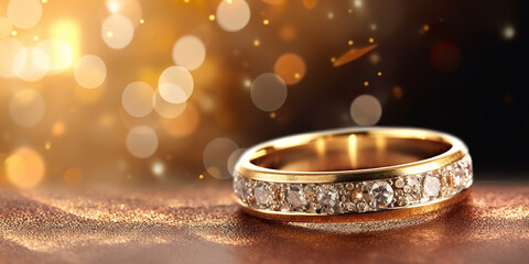 Obraz na płótnie Canvas A designer golden wedding ring with bokeh background