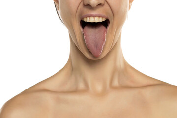 Open mouth woman close up on a white background