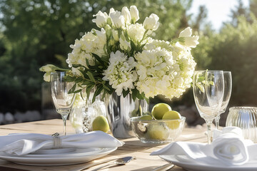 Beautiful outdoor table setting with white flowers for a dinner, wedding reception or other festive event