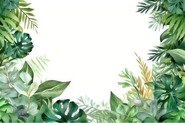 Tropical green leaf frame on white background, copy space for text, square banner with palm Leaves