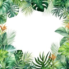Tropical green leaf frame on white background, copy space for text, square banner with palm Leaves