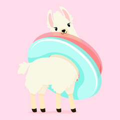 White fluffy llama with inflatable swimming rings around his neck