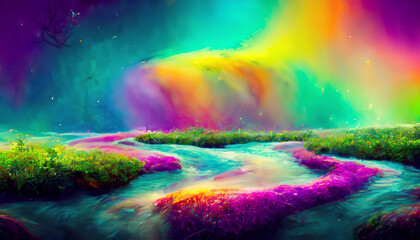 Obraz na płótnie Canvas Multicolores magical rainbow colored river. Digital illustration