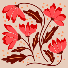 Botaniczna boho kompozycja z czerwonymi kwiatami i listkami. Minimalistyczny styl. Ilustracja wektorowa.