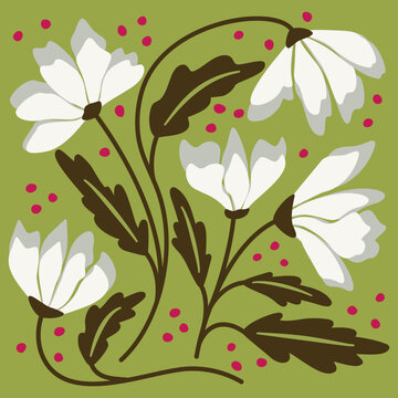 Fototapeta Botaniczna boho kompozycja z białymi kwiatami i zielonymi listkami. Minimalistyczny styl. Ilustracja wektorowa.