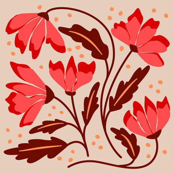 Fototapeta Botaniczna boho kompozycja z czerwonymi kwiatami i listkami. Minimalistyczny styl. Ilustracja wektorowa.