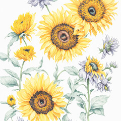 Naklejka na ściany i meble Sunny sunflowers on white 