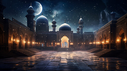 Arabian Nights Moon. Generative AI.
A digital rendering of a palace at night with an Arabian Nights theme.