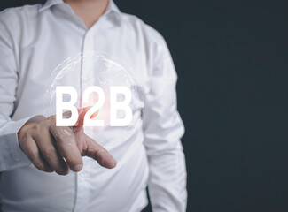 Businessman touching an icon with a finger This is a collaborative process between business and business, B2B (business to business) concept.
