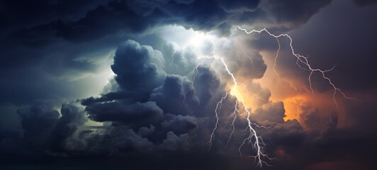 Storm warning - Weather background banner - Amazing lightning storm in orange light and dark clouds on sky (Generative Ai) - obrazy, fototapety, plakaty