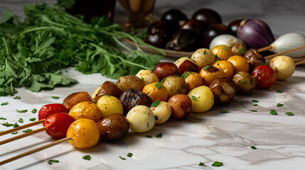 some food that is on a marble counter with chops and vegetables in the background to be used for cooking