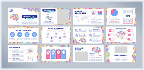 Neuromarketing presentation templates set. Consumer behavior. Neuroscience research. Digital marketing. Ready made PPT slides on white background. Graphic design. Kanit, Arial fonts used