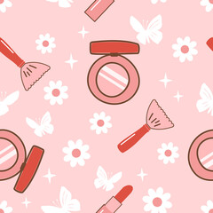 Seamless pattern with cosmetics items, blush on, lipstick, daisy flower and butterfly cartoons on pink background vector illustration. Cosmetic icon set.