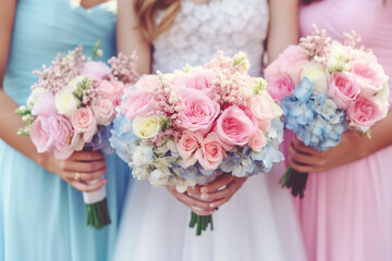 Obraz na płótnie Canvas Wedding flowers, bride and bridesmaids holding their bouquets at wedding day. Happy wedding concept